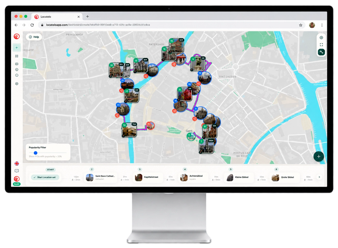 Route Studio on a desktop monitor, mapping a custom walking tour through Ghent